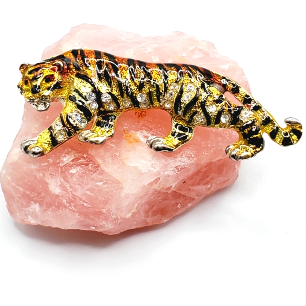 Vintage tiger animal brooch pin 70's 80's crystals enamel euc